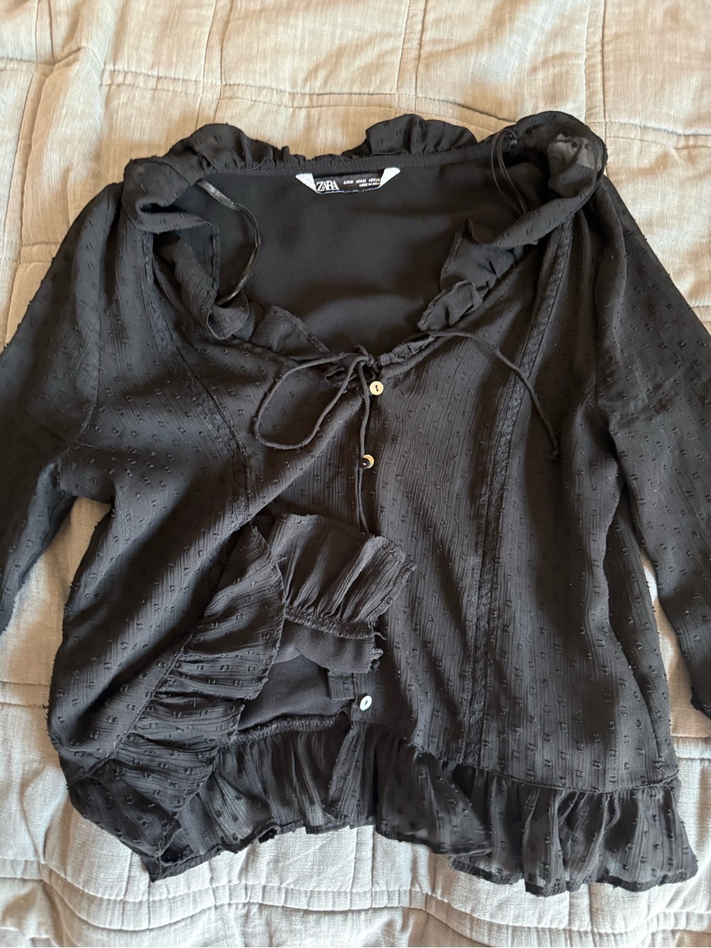 Zara Black Textured Ruffle Neck Blouse